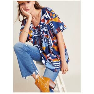 Porridge Geometric Print Boho Peasant Top‎ Navy Blue Orange Short Sleeve Blouse